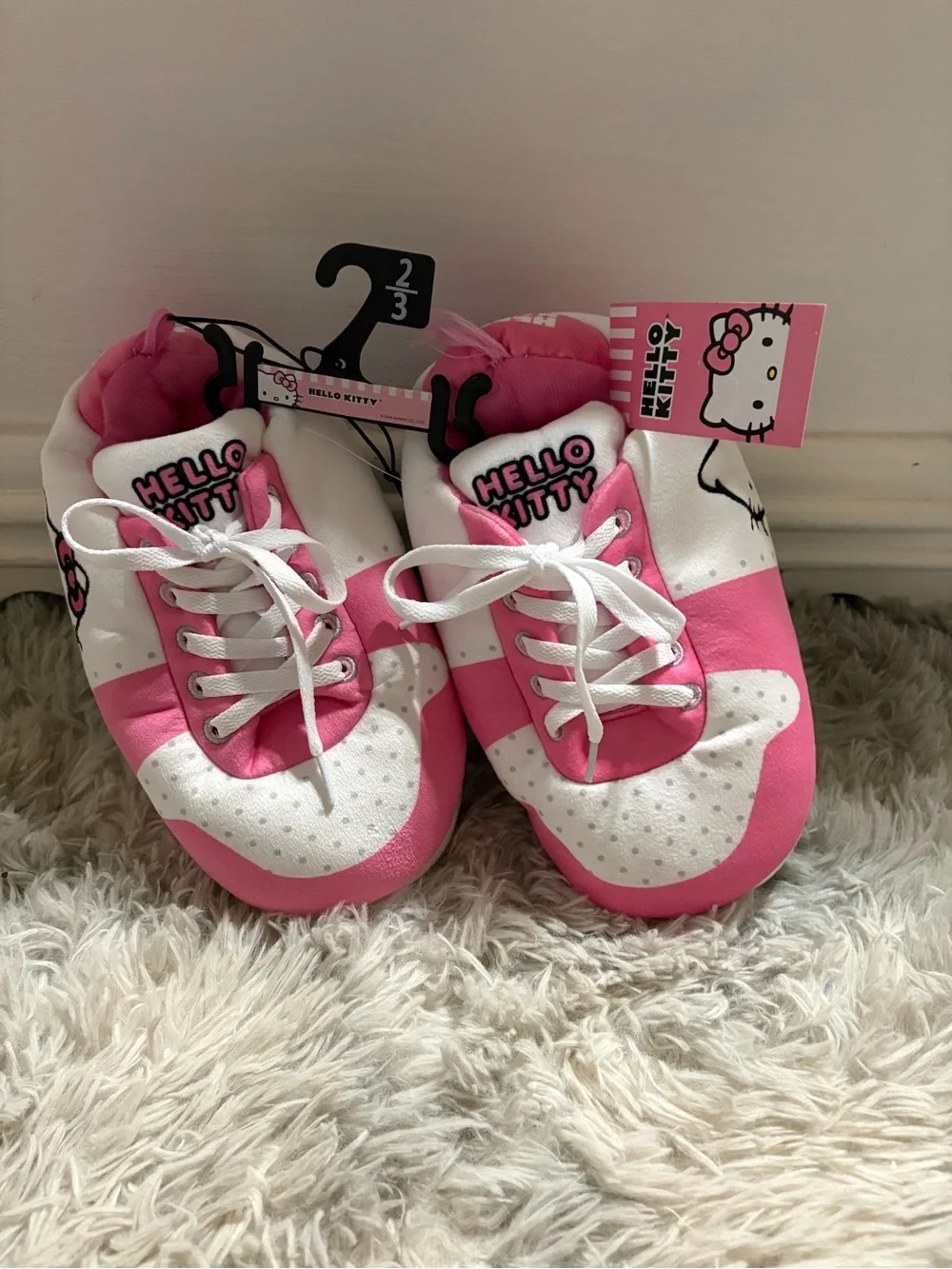 Hello Kitty Pink and White Kids Plush Lace-Up Slippers Sz 2-3
